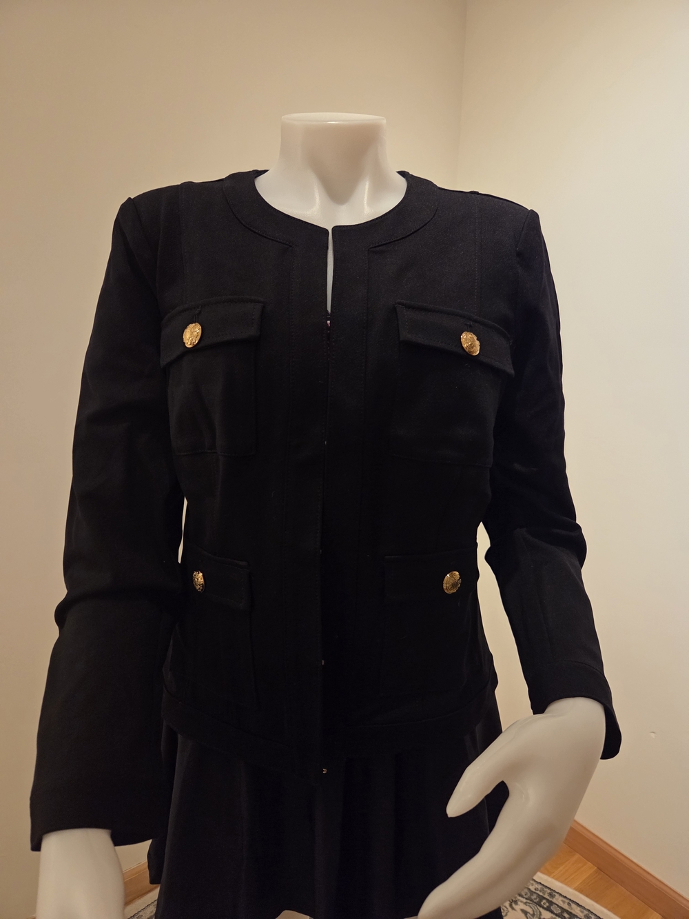 White House Black Market Black Collarless Blazer with Gold Buttons